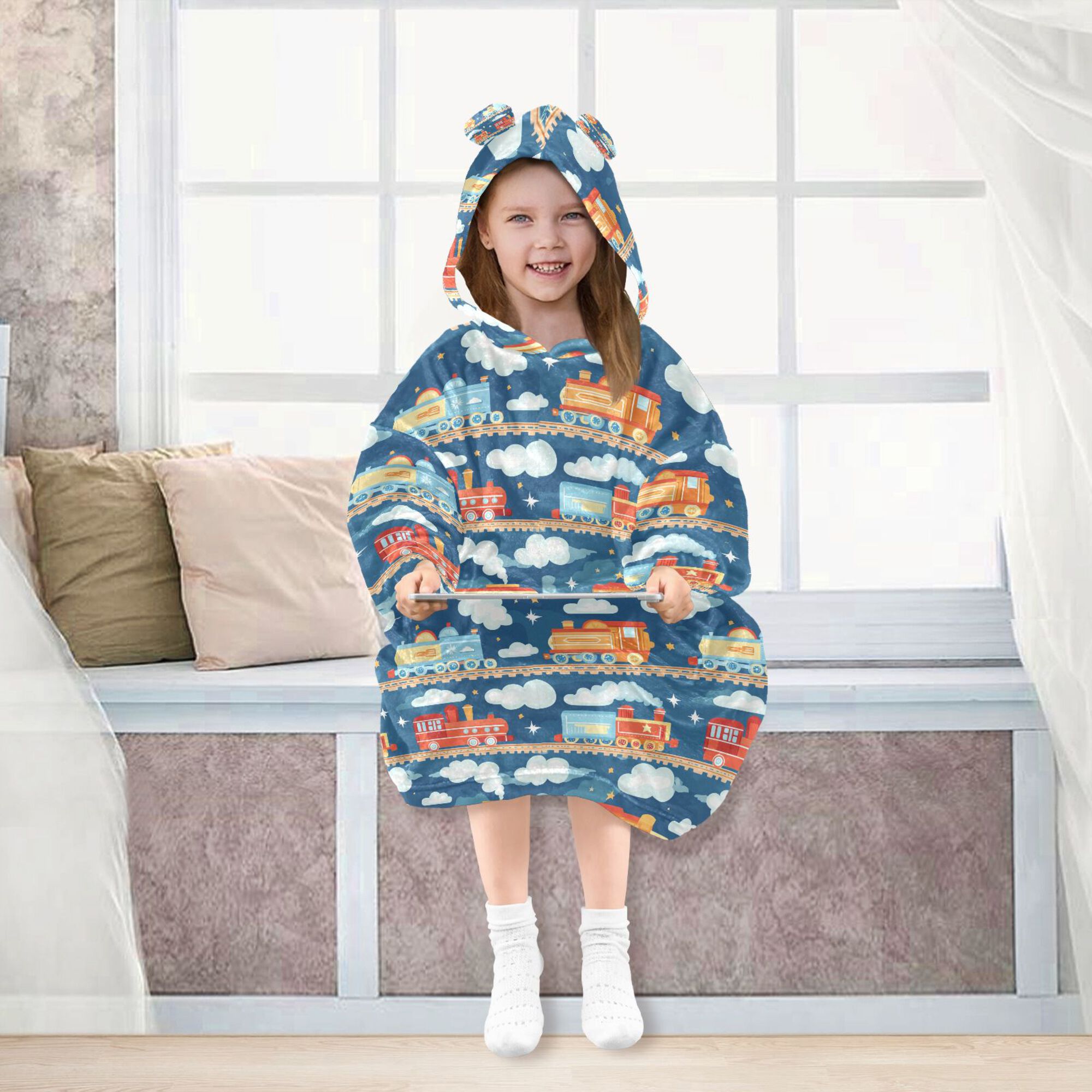 FORMRS Wearable Blanket Hoodie with Sleeves for Kids Cozy Flannel Sweatshirt, Blue Cute Train Pattern