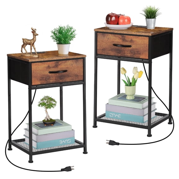 Set of 2 Rustic End Tables with Charging Station, Industrial Nightstands with Fabric Drawer and Mesh Shelf, Side Tables for Bedroom & Living Room