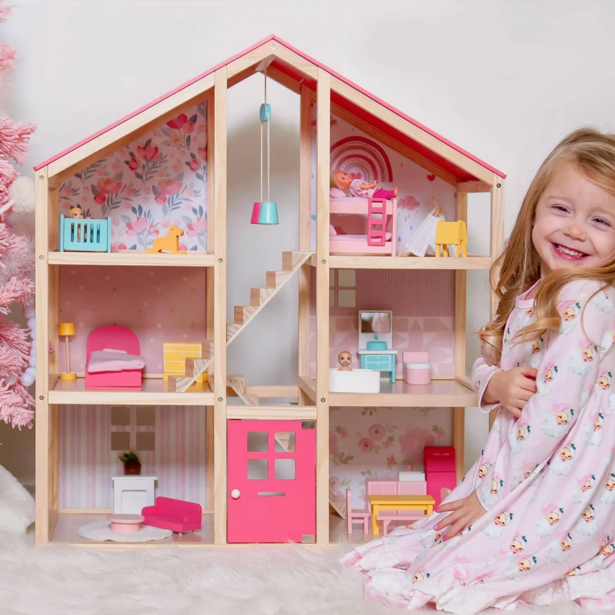 Tiny Land Wooden Dollhouse for Girls - 6 Rooms, 30pcs Furniture, DIY Pretend Play House, Gift for Ages 3+