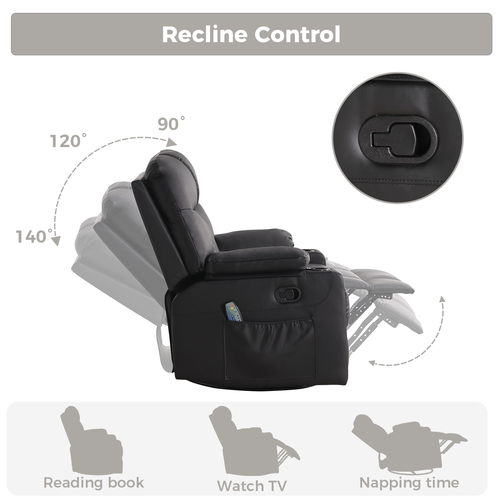 Bonzy Home Rocker Recliner Chair with Swivel Base, Massage & Heat, 2 Cup Holders – Comfortable Recliner for Living Room, Bedroom, Black
