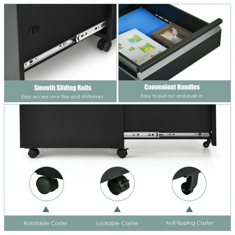 Demi Bonn 3-Drawer Mobile File Cabinet with Lock, Stee Filing Cabinet for Home Office, Black