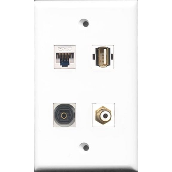 RiteAV 1 Port RCA White and 1 Port USB A-A and 1 Port Toslink and 1 Port Cat5e Ethernet White Wall Plate
