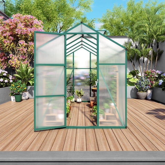YIYADO Outdoor Greenhouse, Windproof Aluminum Greenhouse, 6x10 FT Polycarbonate Greenhouse, Raised Base, Anchor Aluminum Heavy Duty, Easy Assembly