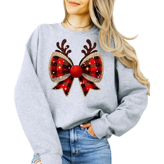 Red and Black Check Christmas Bow Shirt for Women Teens and Kids Reindeer Antlers Tee Gray Sweatshirt Adult Medium
