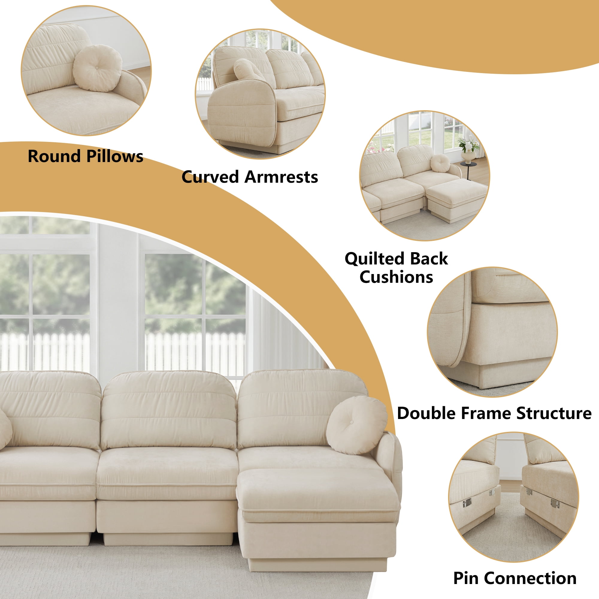 Mintazer 105" Chenille Cloud 3-Seater Modular Sectional Sofa with 2 Round Pillows, Easy Assembly Ergonomic Sofa Couch for Living Room, Apartment, Cream