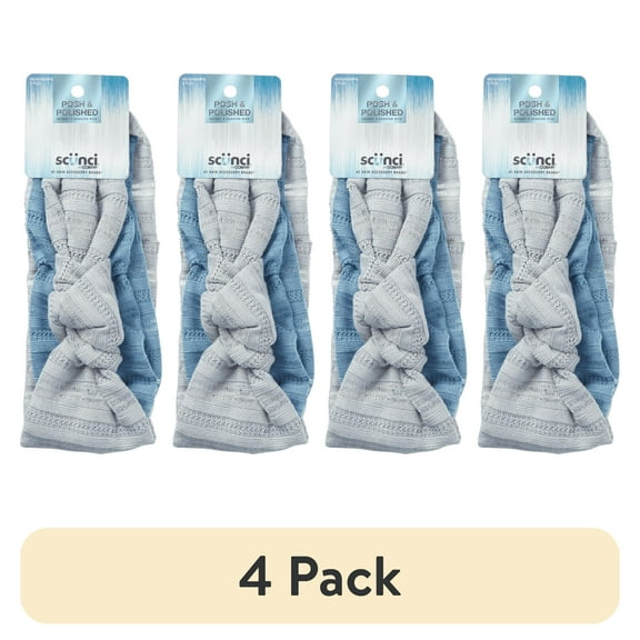 (4 pack) Scunci Posh & Polished Textured Fabric Headwraps, Blue & Gray, 2-Pieces