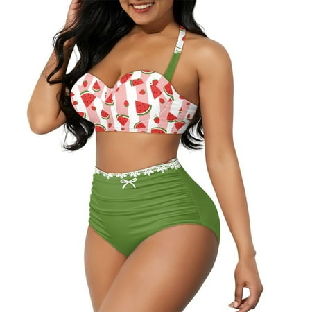 Yuyamidu Women Tankini Swimsuits 2 Piece Tropical Watermelon Bikini Set  Breathable Sexy Bathing Suits Top with Green Buttom Size M Quick Dry Off Shoulder Swimwear
