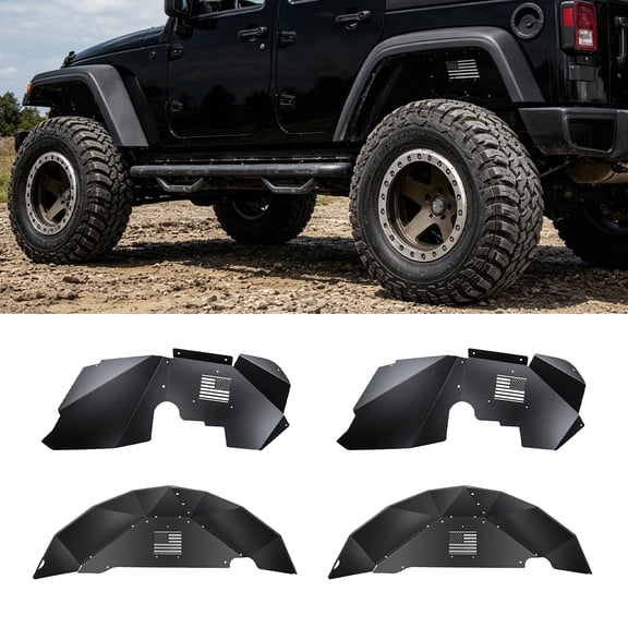 Front & Rear Inner Fender Liners Compatible with 2007 - 2017 Jeep Wrangler JK JKU 2 / 4 Door, 4PCS Aftermarket Wheel Well Liner Splash Guard Kit for Unlimited Sport Sahara Rubicon, Black