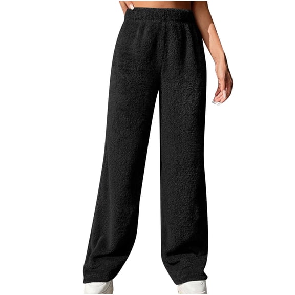 Lovskoo Womens Winter Plush Fluffy Pajama Pants with Pockets Wide Leg Warm Fleece Lounge Pants Sleepwear Bottoms Black