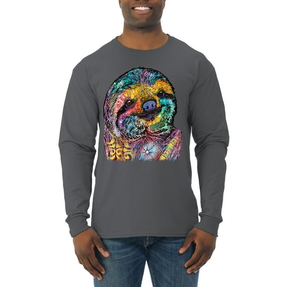 Funny Neon Sloth | Dean Russo Art Animal Lover Mens Long Sleeve Shirt, Charcoal, XL