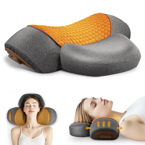Electric Neck Massager Cervical Pillow Hot Compress Neck Stretch Heating Vibration Neck Shoulder Massage Pillow Back Traction, Grey