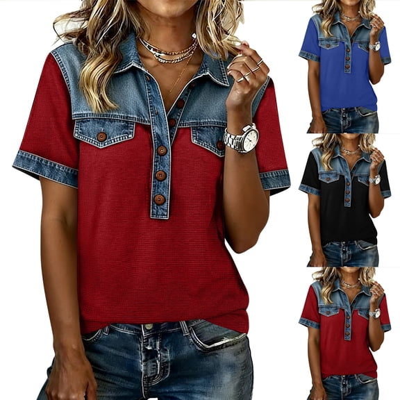 Denim Tops for Women Lapel Western Short Sleeve Sweatshirts with Denim Collar Button Up Casual Patchwork 2026 Tops (Black,2XL)