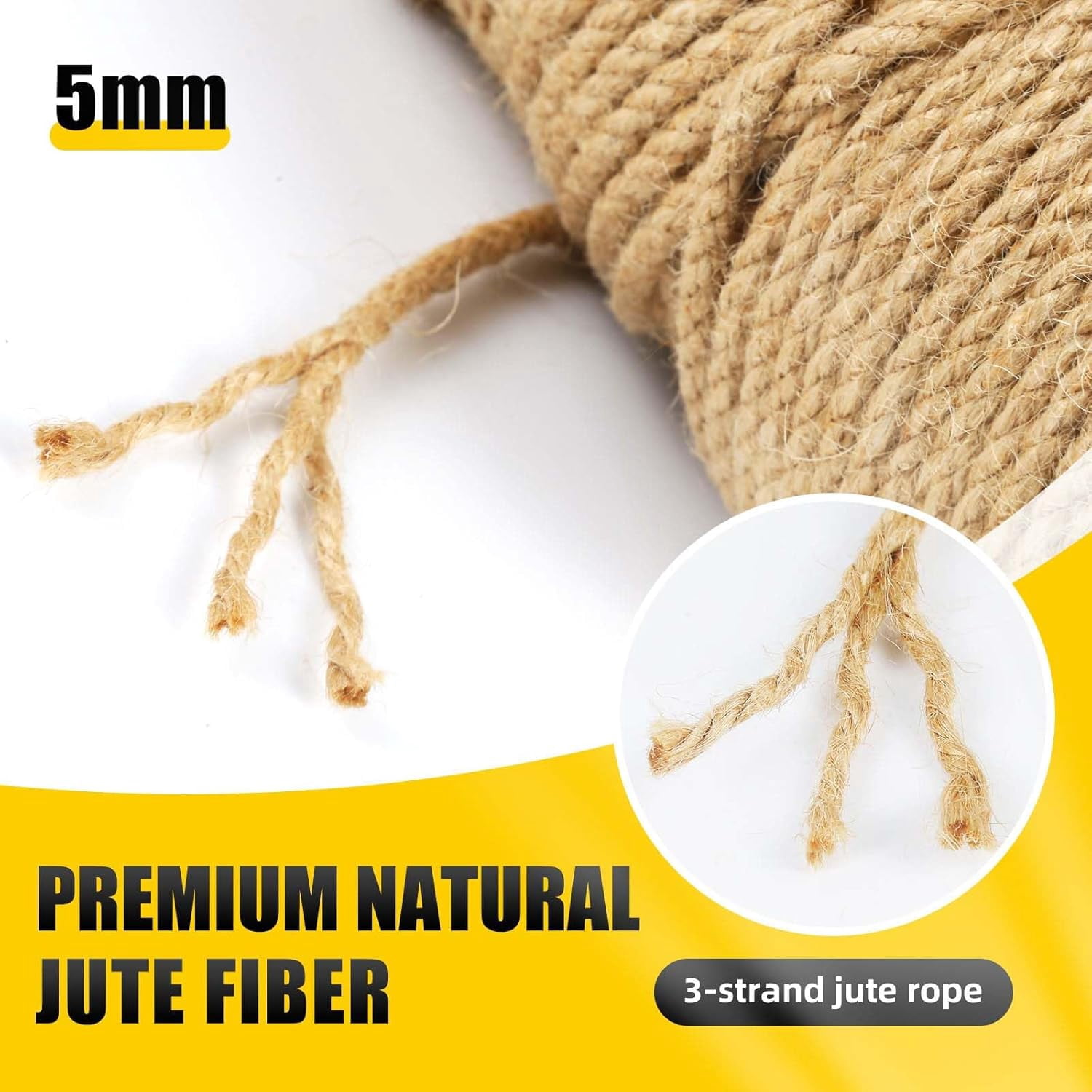 Natural Jute Twine, 5MM x 328FT Jute Rope Roll, Heavy Duty Thick Twine for Cat Scratching Post, Bundling, Gardening and DIY Crafts