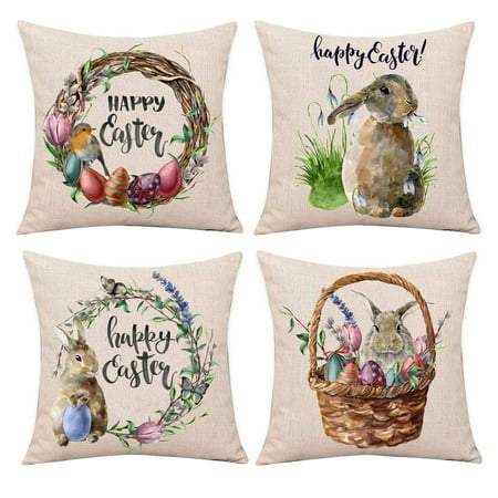 

Wovilon Pillows Throw Pillows 4Pcs Easter Rabbit Eggs Throw Pillow Covers New Spring Flowers Tree Home Decor