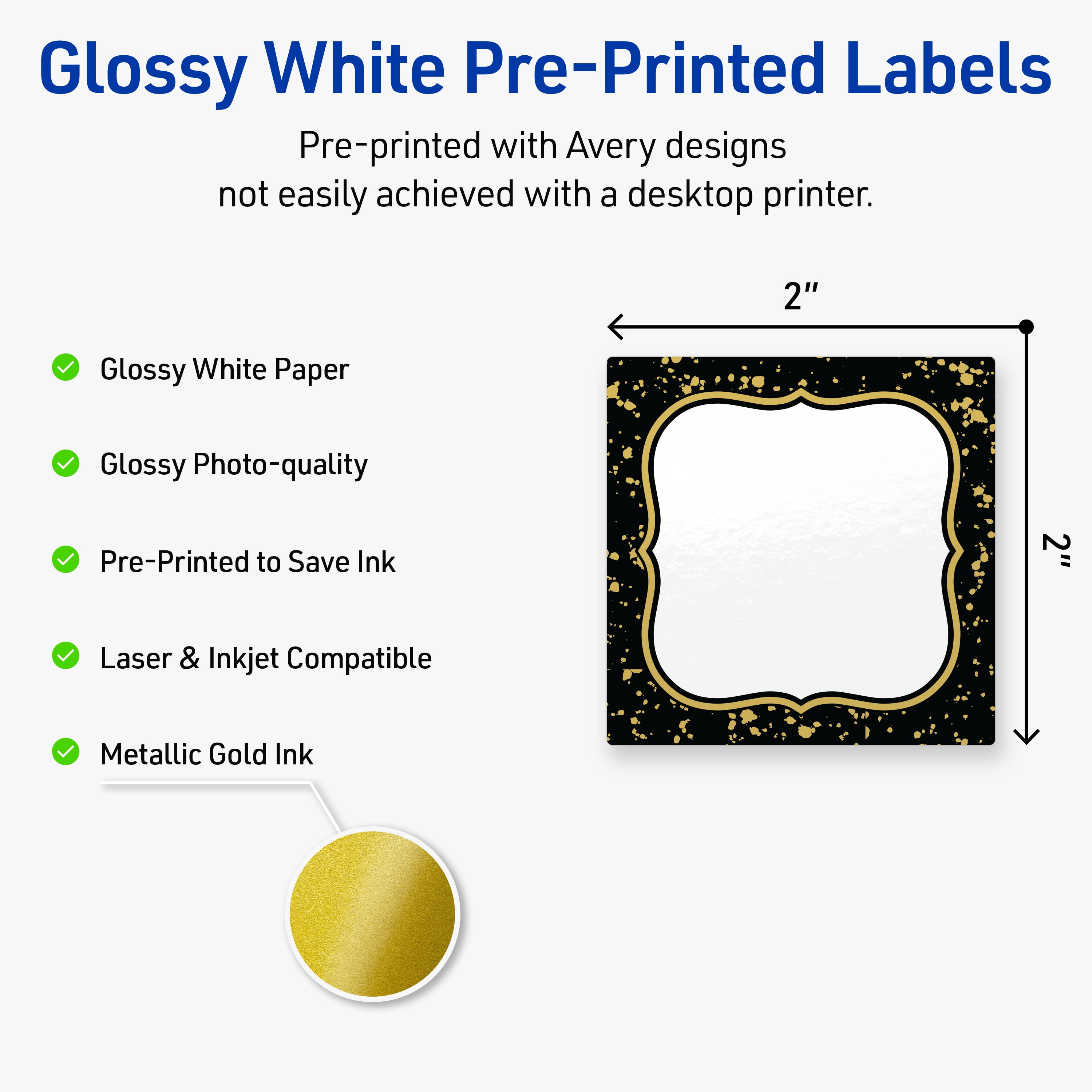 Avery Square Labels, 2" x 2", Black with Gold Specs Design, Glossy