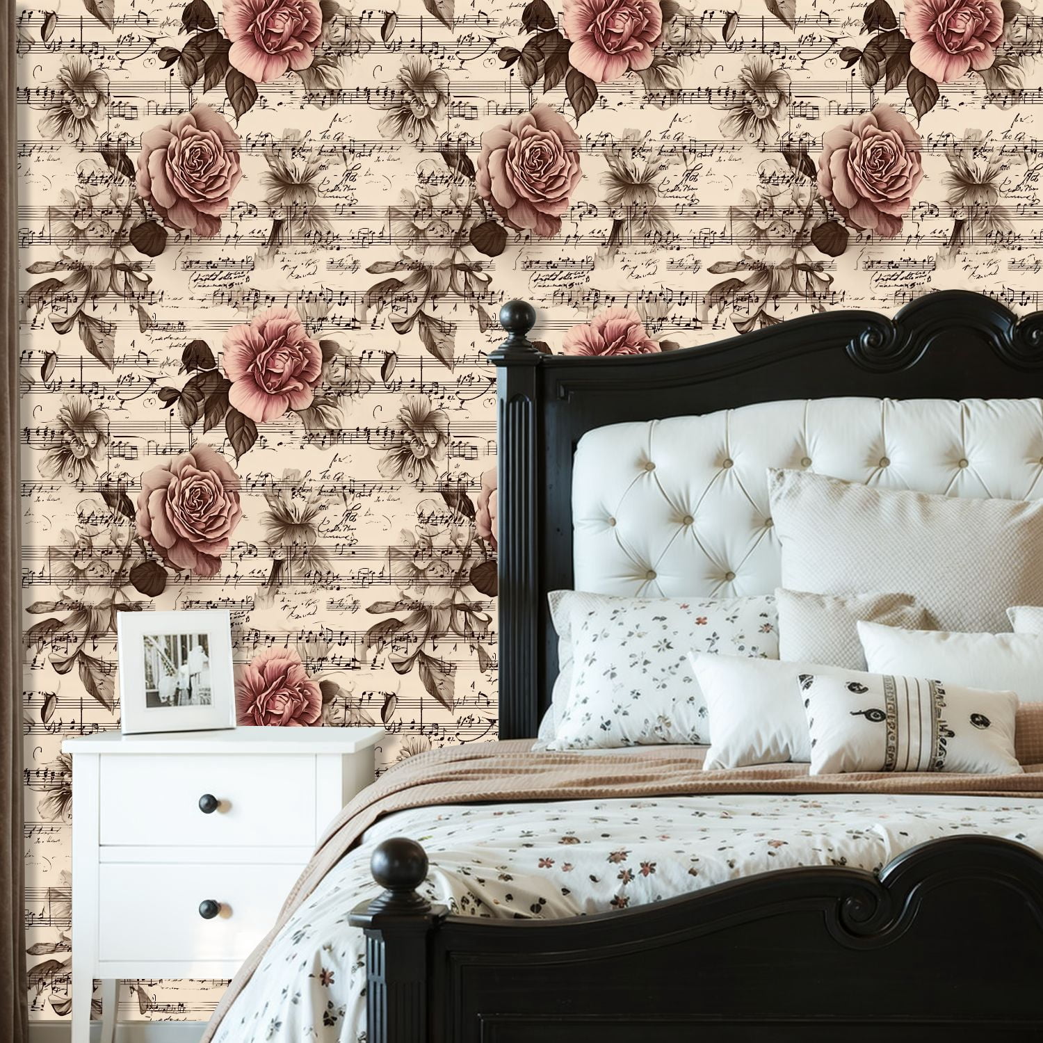 Peel and Stick Wallpaper Roses Floral Vintage Sheet Music Sepia Tones Wall Mural 23.6in x 9.8ft Self Adhesive Removable Wall Paper Renter Friendly Wallpaper for Nursery Bedroom Cabinets