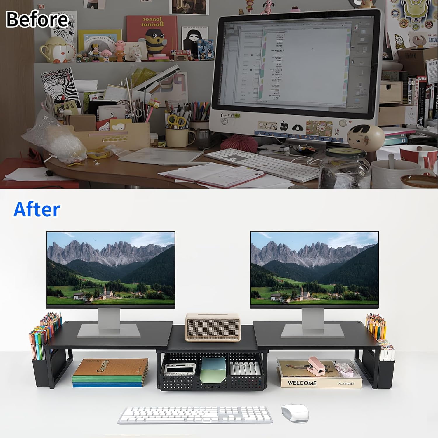 Dual Monitor Stand Riser with Drawer and Pen Holders, Metal Desk Shelf Organizer for Office Workspace, Green Desktop Storage