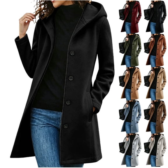 Purcolt Women's Winter Jacket Casual Blend Trench Coat with Hood Single Breasted Long Wool Warm Pea Overcoat Outerwear