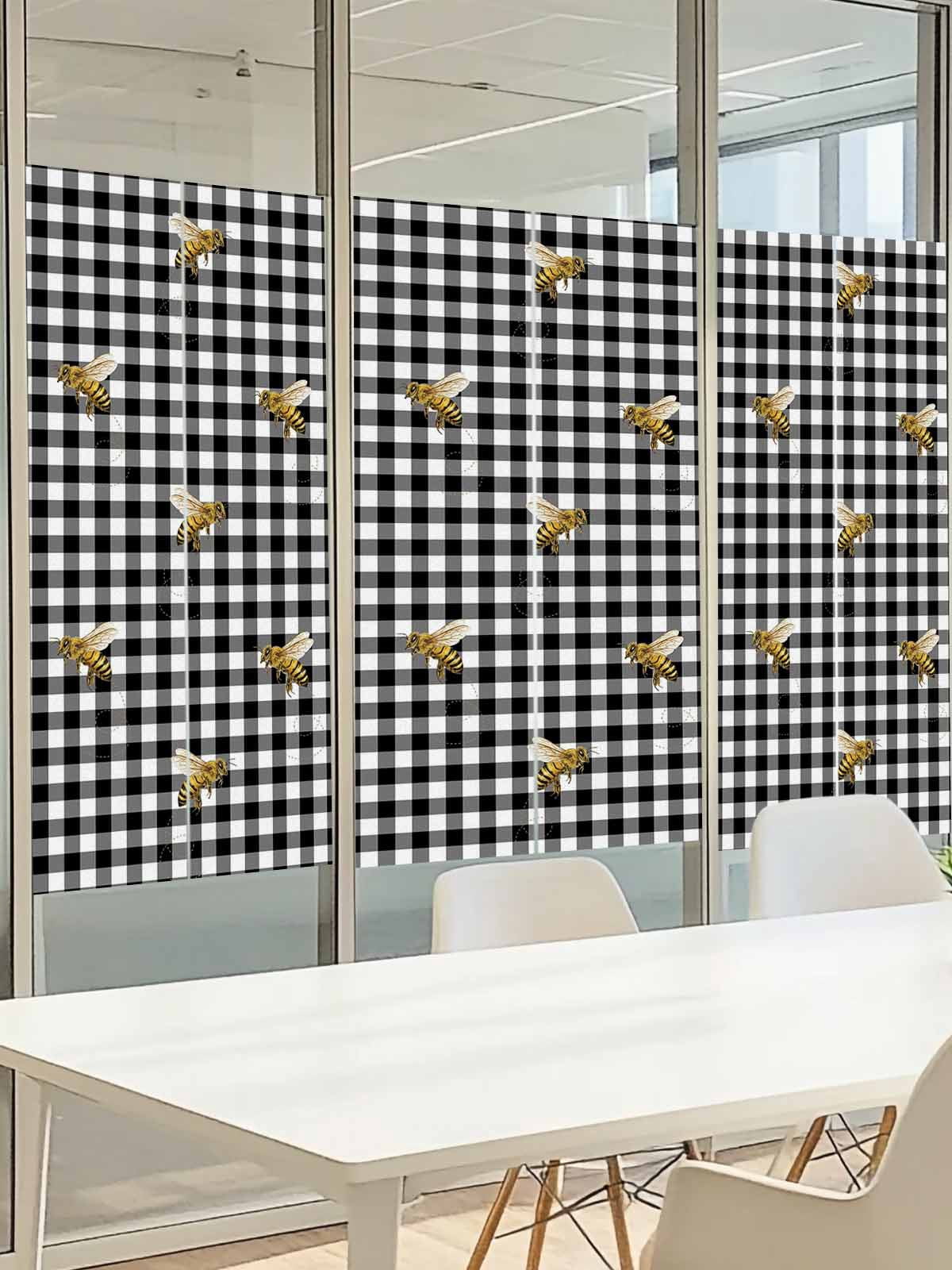 Bee Window Privacy Film, Country Bees Black White Buffalo Plaid Checkered Farmhouse Frosted Glass Window Clings Static Cling UV Heat Blocking Reusable Door Sticker for Bathroom 23.6 x 59 Inch