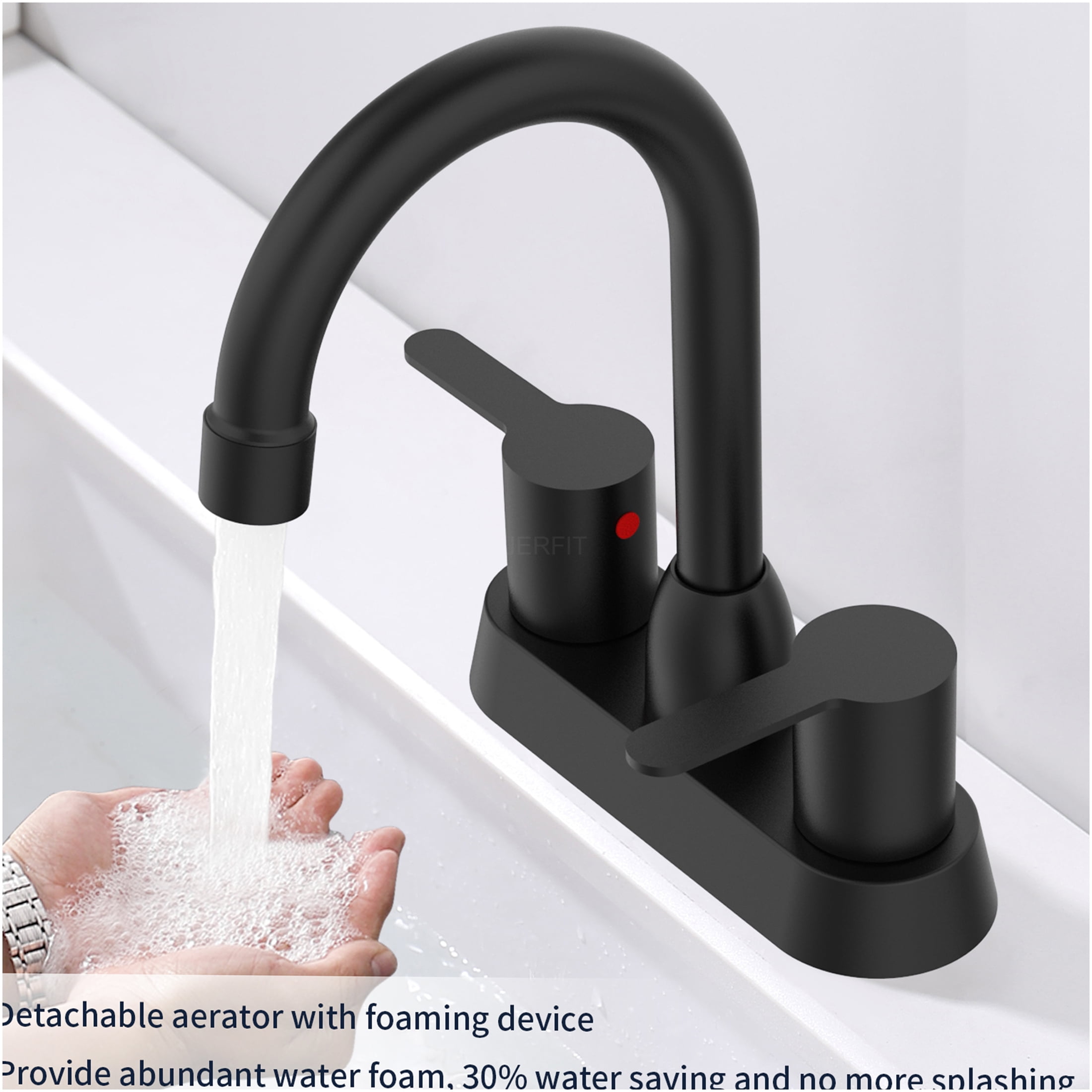 JERFIT Modern Matte Black 2-Handle Centerset Bathroom Sink Faucet for 3-Hole Deck Mount, Brushed Nickel Accents