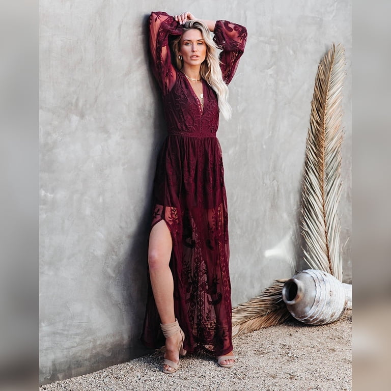 burgundy lace boho dress Round Neck Long Sleeve Bodycon Maxi Dress – The Hyper Culture main image 0