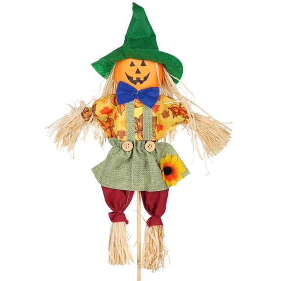HAHUT 1 Pack Fall Harvest Scarecrow Decorations - 21.65" Standing Thanksgiving Scarecrows with Sunflowers and Bow for Autumn, Halloween, Garden, Yard, Porch Decor (Green)