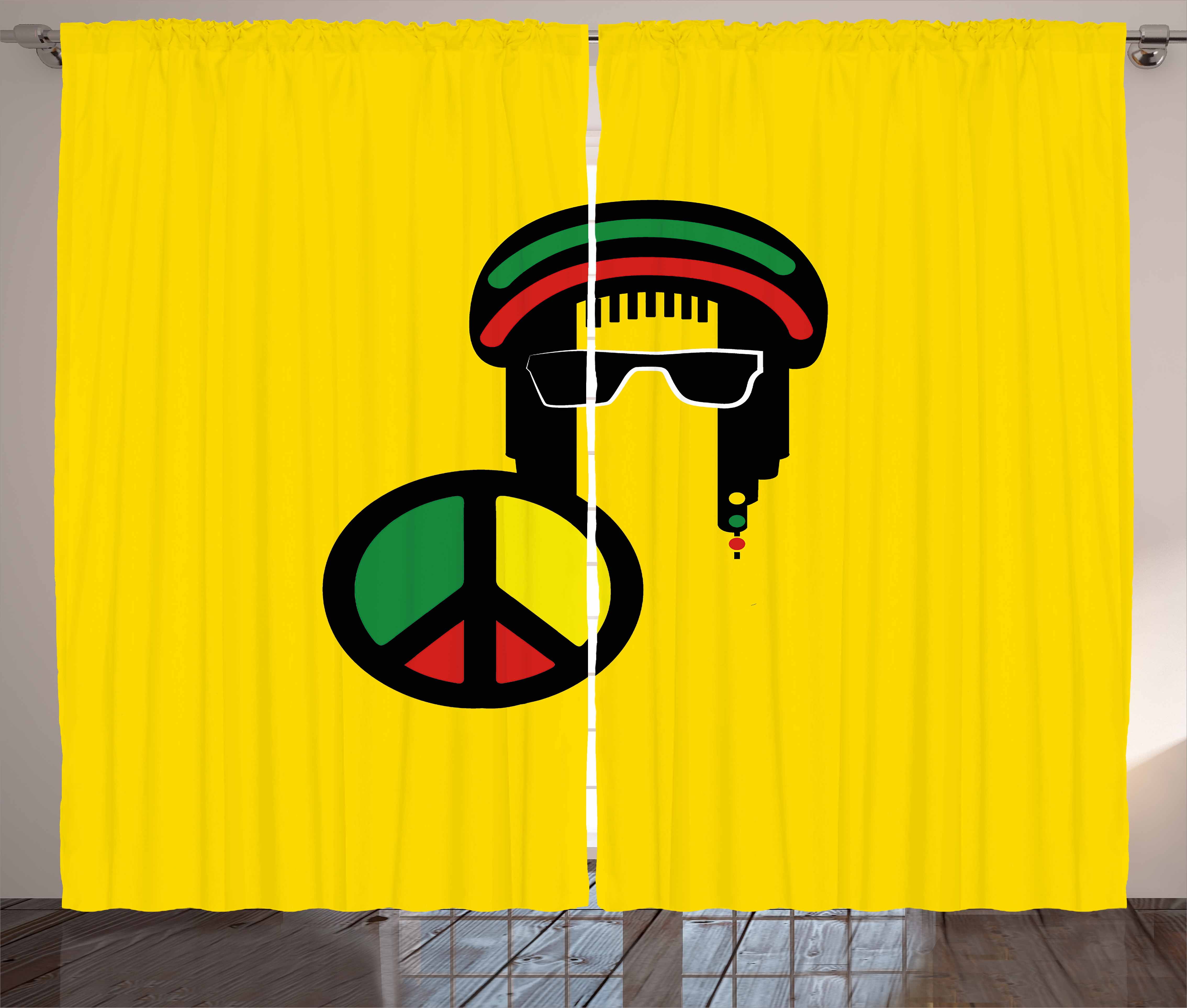 Jamaican Curtains 2 Panels Set, Reggae Culture Theme Composition Peace