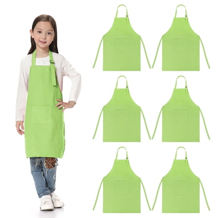 Toptie 6 Pack Kids Aprons with Pocket & Adjustable Strap Child Chef Bib Apron for Kitchen Cooking Baking Painting-Green-XXL