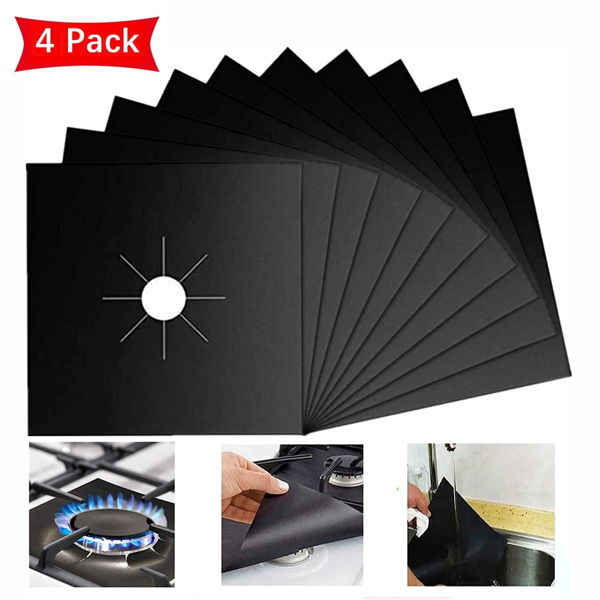 Stove Burner Covers Non-Stick 8 Packs Fast Clean Liners for Kitchen/Cooking Gas Stove Protectors Black 0.2mm Double Thickness Size 10.6 x 10.6 FDA Approved & BPA FREE Reusable 