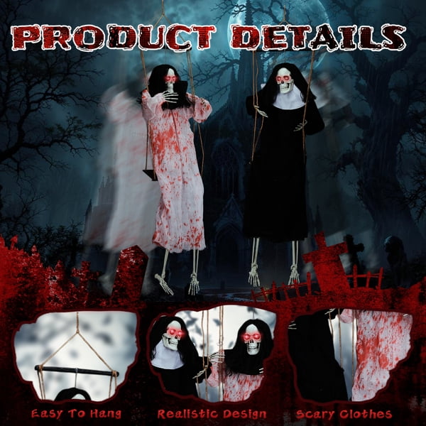 2-Pack 3ft Halloween Hanging Grim Reaper Ghosts, Glowing Red LED Eyes + Horror Screams for Indoor/Outdoor Use