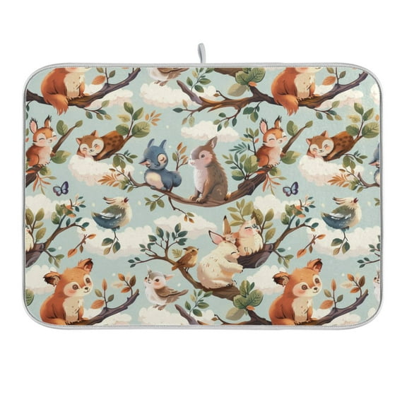 Fox Bird Butterfly Branch Dish Drying Mat 16x18 Absorbent Microfiber Draining Rack Pad for Kitchen Counter Sink