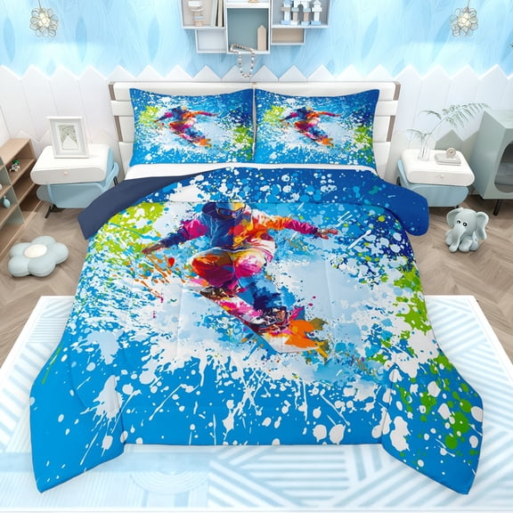 Feelyou Eat Skiing Sleep Full Size Comforter Sets for Teen, Winter Outdoor Sport Bedding Comforter Set, Blue Watercolor Splash Reversible Bedding Sets, Microfiber Bedroom Decor, 3 Pieces