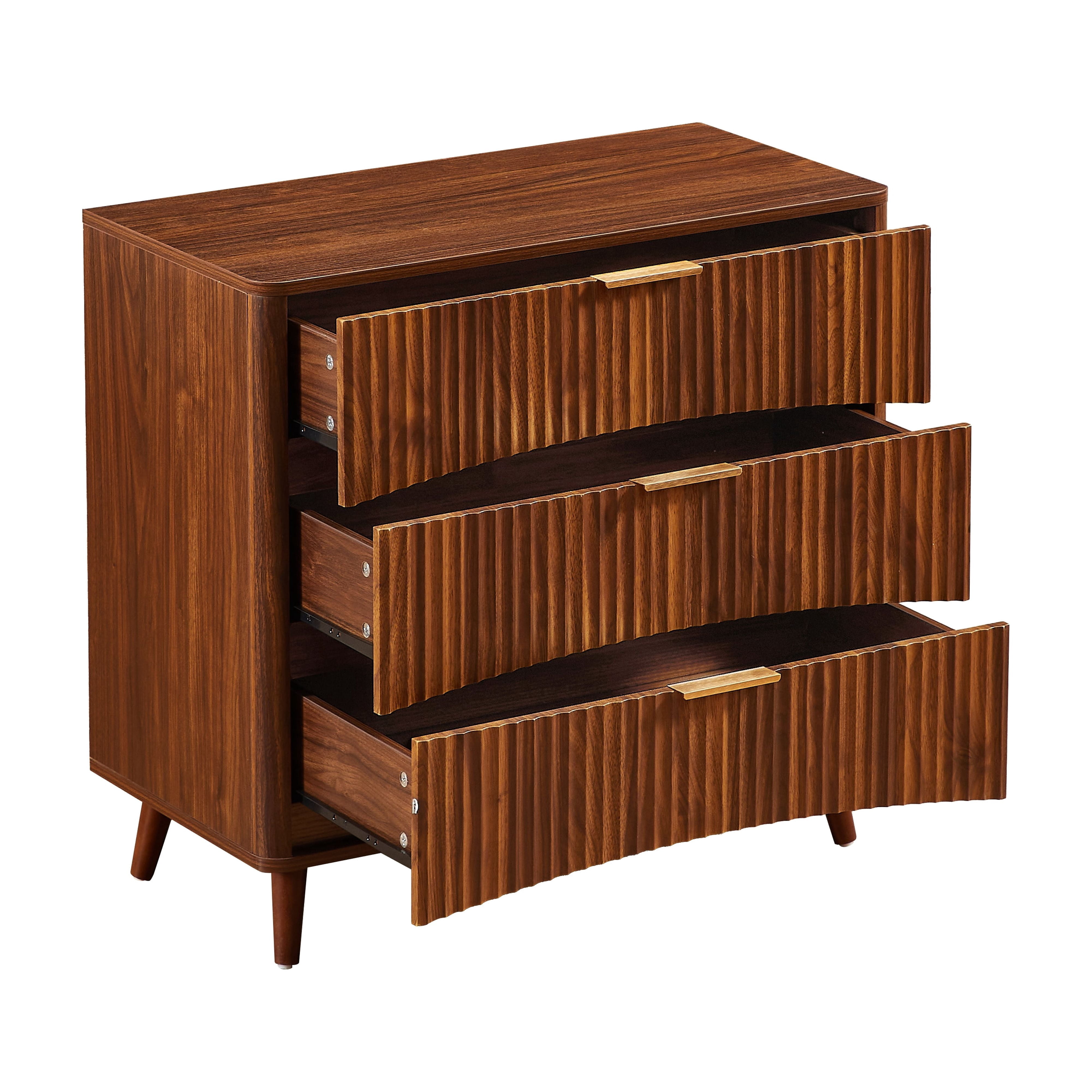 Fluted 3-Drawer Dresser with Vertical Grooved Design, Mid-Century Modern Tall Chest of Drawers for Bedroom and Living Room, Walnut