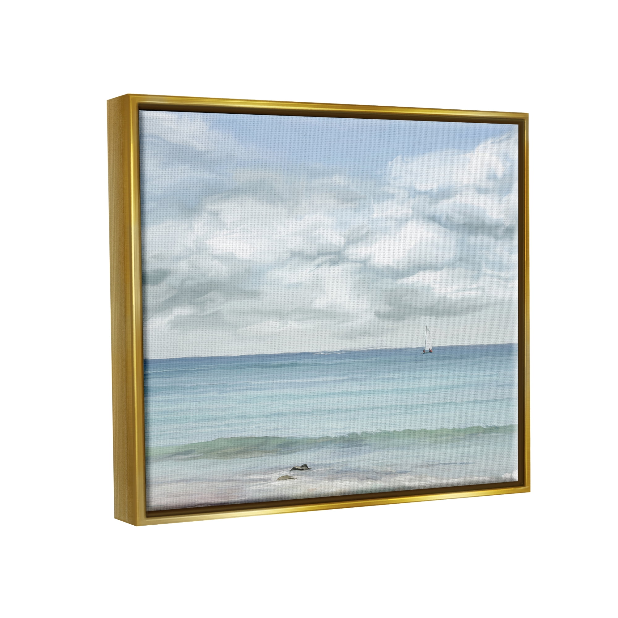 Stupell Industries Distant Sailboat Cloudy Shore Landscape Painting Gold Floater Framed Canvas Art Print Wall Art, 31 x 25