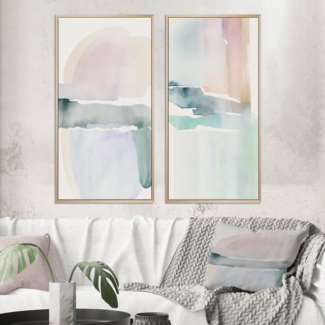 Designart "Pastel Tranquility in Serene Shades I" Abstract Liquid Ink Framed Wall Art Set Of 2 - Modern Blue Frame Gallery Set For Office Decor