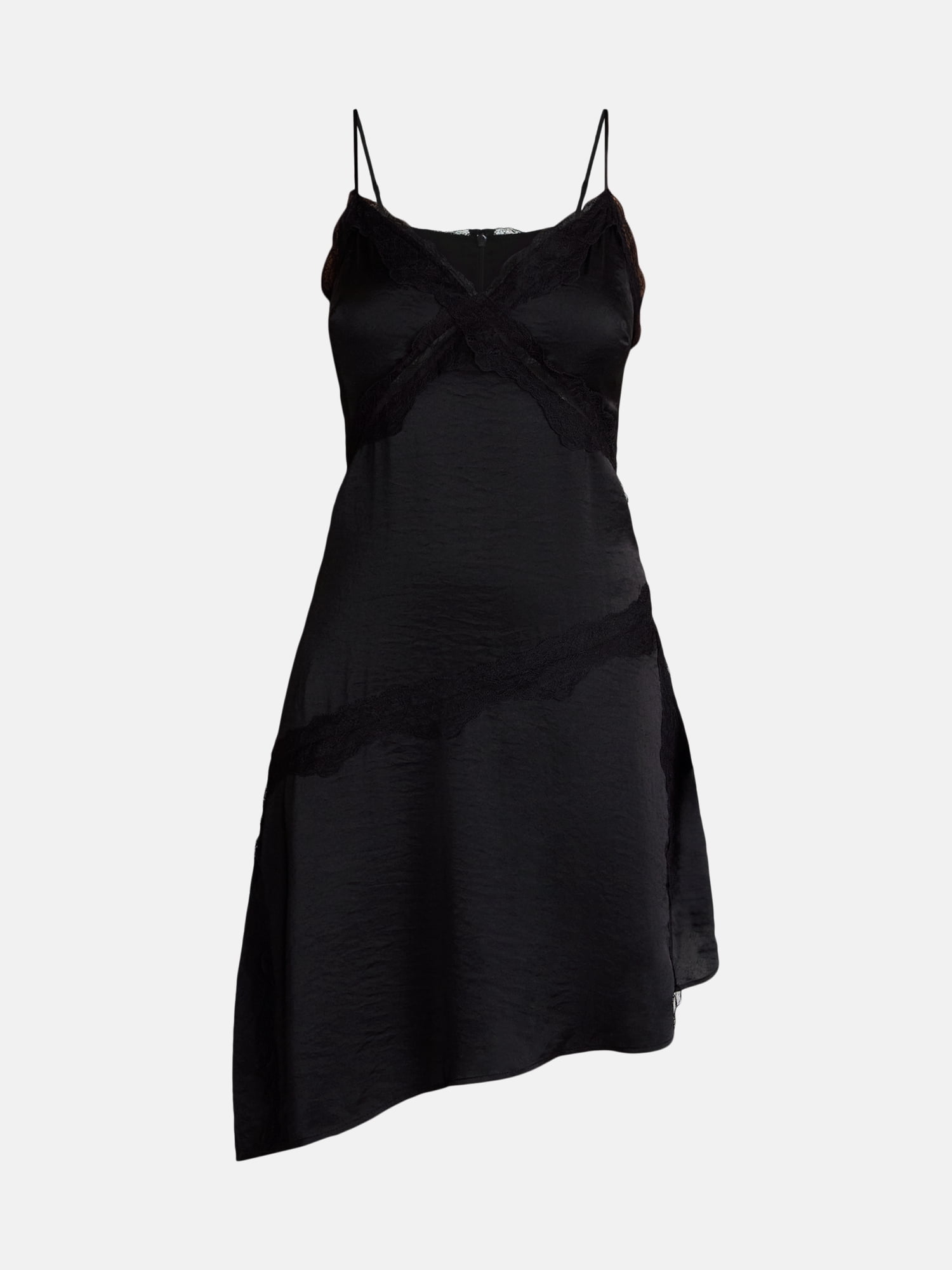 Madden NYC Women’s Lace Trim Satin Slip Dress with Asymmetrical Hem, Sizes XXS-XXL