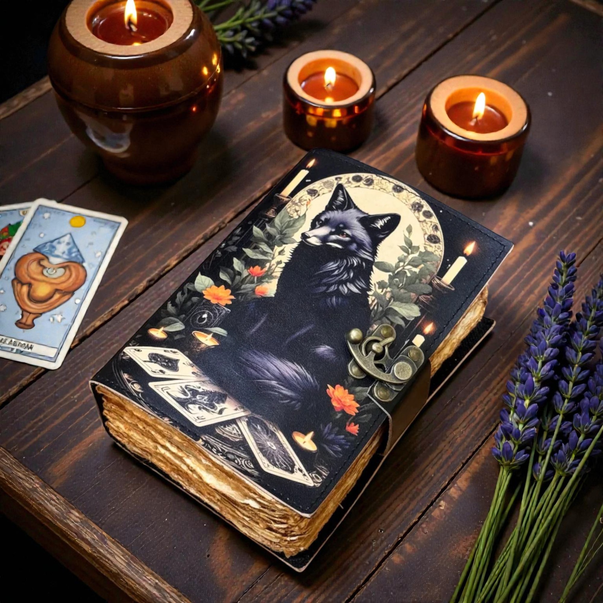 Handmade Leather Journal 5x7 Inch with Black Fox Design – 200 Pages Deckle Edge Paper, Vintage Lock, Art Sketchbook, Writing Notebook Gift for Women & Men