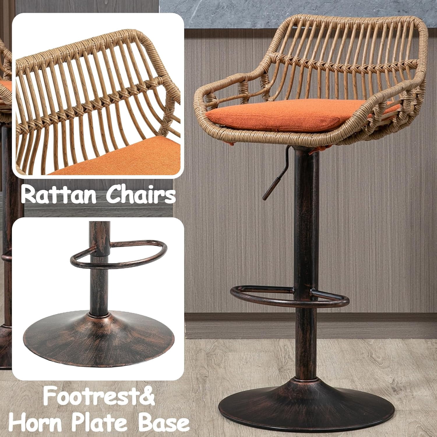 BISHE Adjustable Rattan Bar Stools Set of 2 with Cushion, Boho Bar Stools with Footrest, Wicker Barstools Counter Height with Backs, High Chair for Kitchen Island, Bistros, Metal Base, Orange
