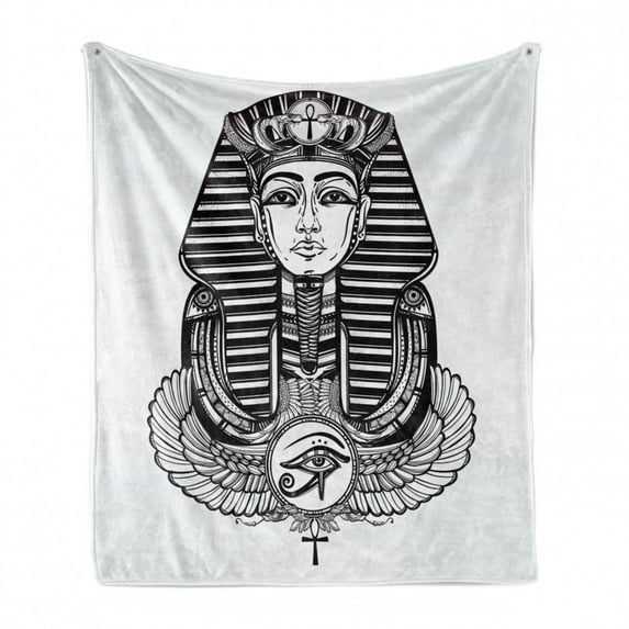 Egyptian Print Soft Flannel Fleece Throw Blanket, Hand-drawn Vintage Tattoo Art of an Pharaoh with Winged Ankh, Cozy Plush for Indoor and Outdoor Use, 60" x 80", Black and White, by Ambesonne
