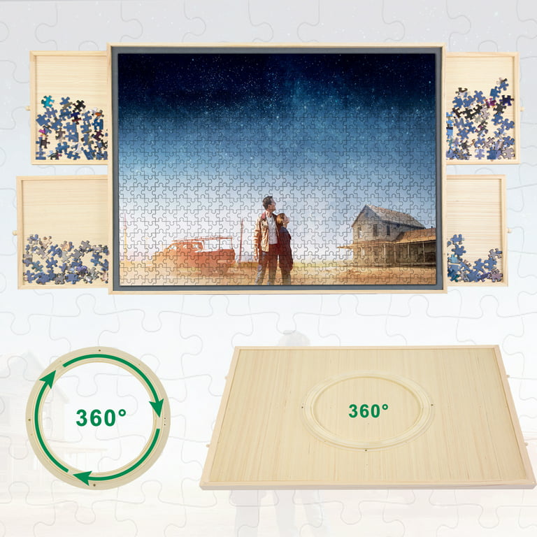 360° Rotating Puzzle Board Wooden Puzzle Table with 4 Drawers