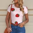 thumbnail image 6 of KLL Women 's Crew Neck Bodysuit Jumpsuits Strawberry Print Short onesies Stretch T Shirts, 6 of 7