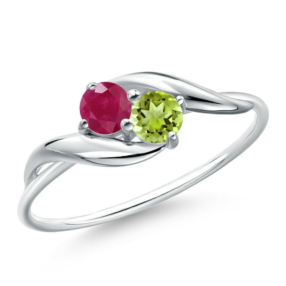 Gem Stone King 10K White Gold Round Red Ruby and Green Peridot Ring for Women | 0.46 Cttw | Round 3.5MM | Gemstone Birthstone | Wedding Engagement Anniversary Promise Ring for Women| Size 9