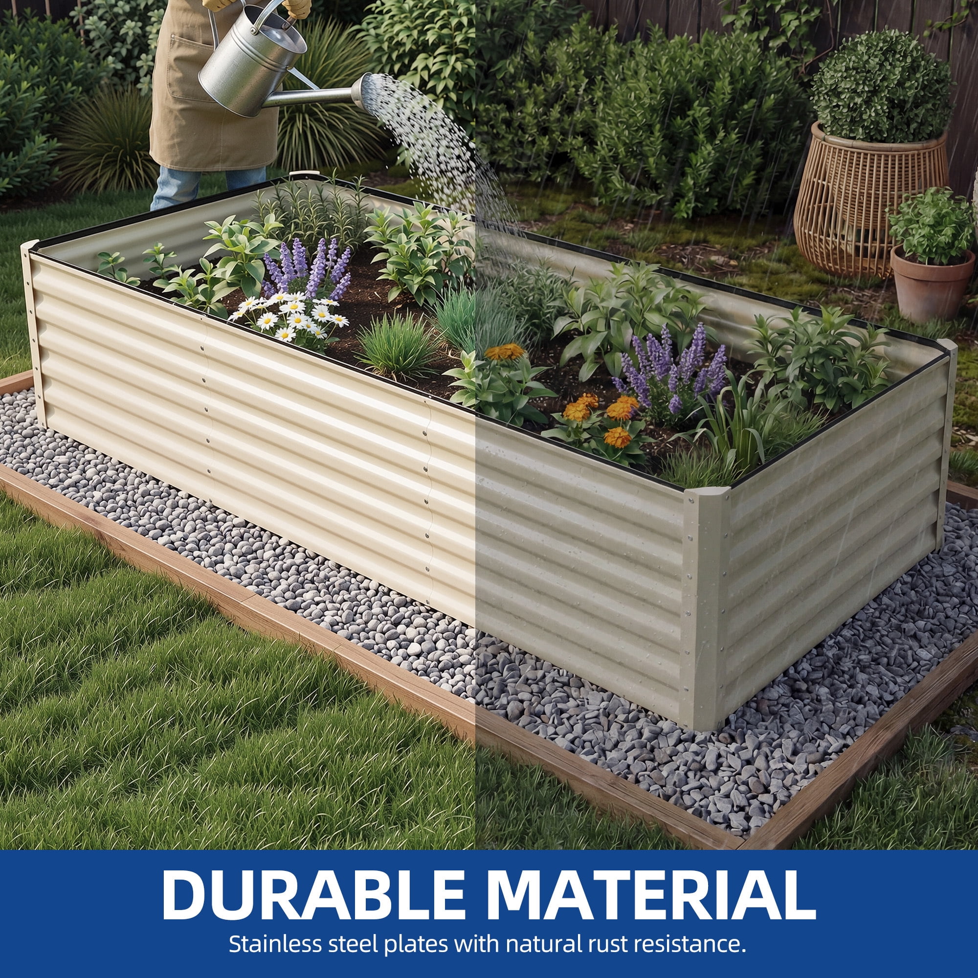 8X4X2FT 1 Pack Galvanized Metal Raised Garden Bed Kit with Gardening Gloves, Support Rod & Safety Rubber, Outdoor Above Ground Planter Box for Plants Vegetables Flowers, Cream White
