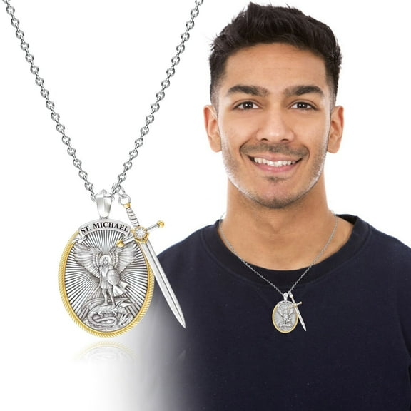 2024 Upgraded The Archangel Saint Michael/Oval Medal Necklace Protection Prayer Pendant Necklace Seal Solid with A Sword Pendant Necklace ,Charm Necklace -1PCS