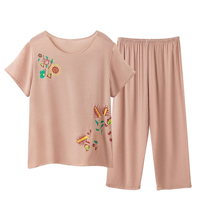 RKSTN Pyjama Ensembles for Women 2 Pièces Été Deux Pièces Ensemble Manches Courtes Pyjama Manche Ronde Ensemble Imprimé Tops Pantalon Ensemble Doux Confortable Pajamas