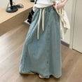 thumbnail image 4 of RUTAYY Women Casual High Waist Denim Skirt Slim Fit A-Line Jean Maxi Skirt Solid Color Smocked Boho Pleated Skirts, 4 of 7