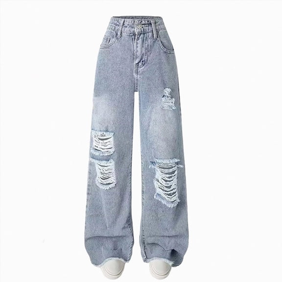 Wonitaaizi Girls Ripped Jeans Elastic Mid-Waist Baggy Wide Leg Denim Pants,Y2K Streetwear,Trendy Clothes for Teens (14-15 Years,Blue)