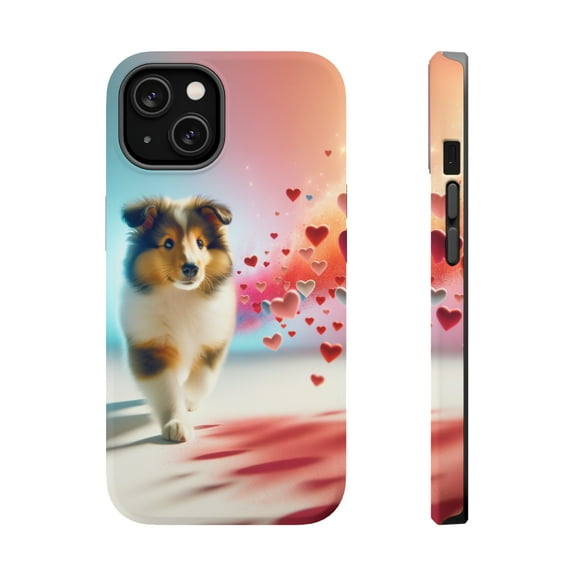 DistinctInk Tough Case for Apple iPhone 14 (6.1" Screen), Compatible with MagSafe Charging - Valentine's Day Collie Puppy