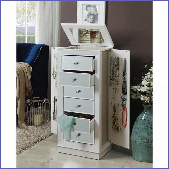 Jewelry Armoire with Mirror, Velvet Lining & Drawers | White | Synthetic Wood