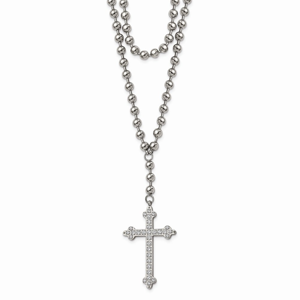 Stainless Steel Polished Cross w/Crystal Two Bead Chain Necklace Length 16 Width 
